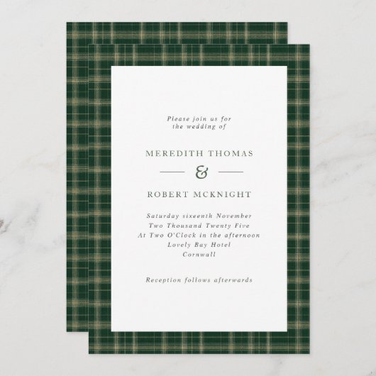 Invitation Mariage d'hiver écossais Tartan vert (Devant / Derrière)