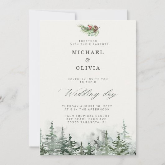 Invitation Mariage d'hiver élégant avec feuillage persistant (Devant)