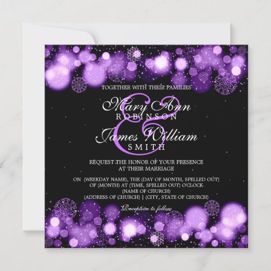 Invitation Mariage d'hiver élégant Lumières violettes (Devant)