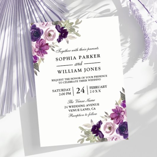 Invitation Mariage d'hiver élégant violet violet fleuri