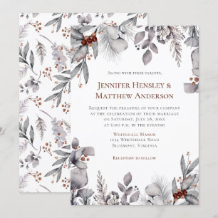 Invitation Mariage d'hiver en argent, gris, cadre Brown rouil
