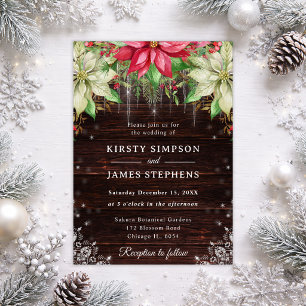 Invitation Mariage d'hiver en bois rustique et poinsettia