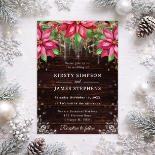 Invitation Mariage d'hiver en bois rustique et poinsettia
