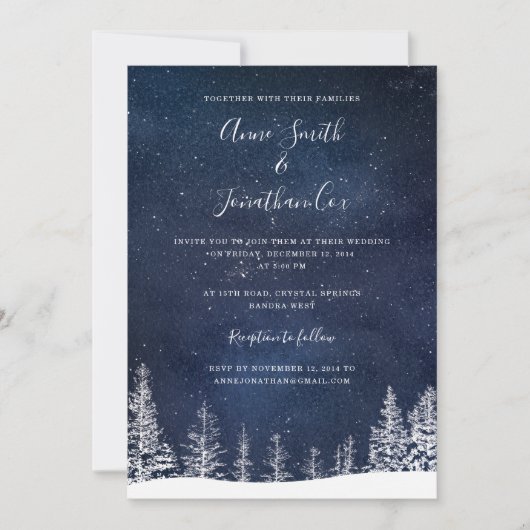 Invitation Mariage d'hiver Etoiles de neige Marine Bleu Blanc (Devant)