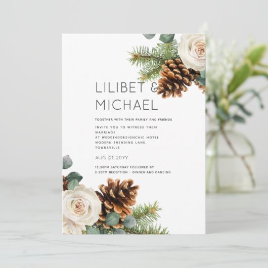 Invitation Mariage d'hiver Eucalyptus Verdure Roses blanches (Debout devant)