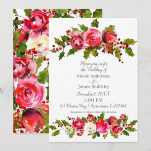 Invitation Mariage d'hiver Fleurs de houx Baies Feuilles Fête