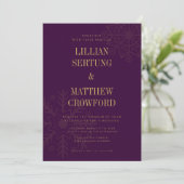 Invitation Mariage d'hiver flocon de neige en or prune profon (Debout devant)