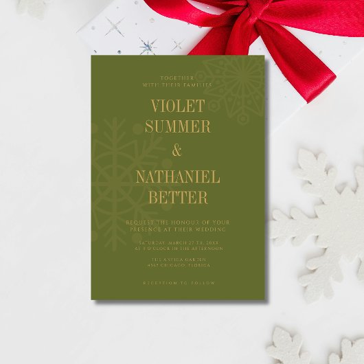 Invitation Mariage d'hiver flocon de neige propre vert olive