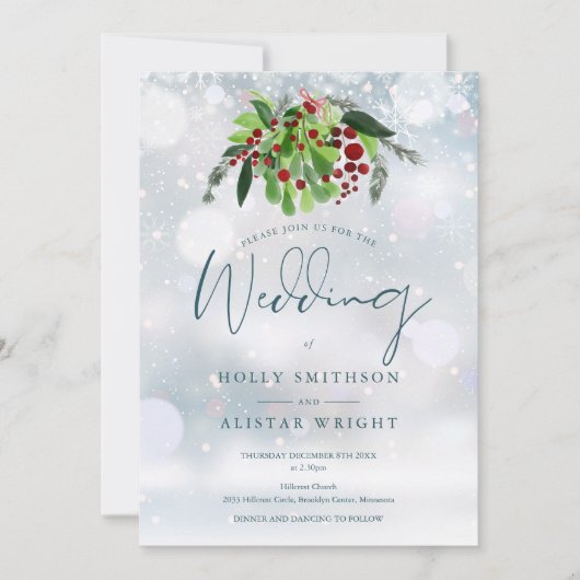 Invitation Mariage d'hiver Floral Baies Rouges Code QR (Devant)