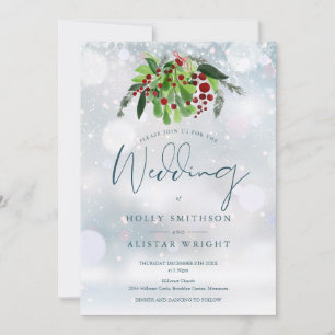Invitation Mariage d'hiver Floral Baies Rouges Code QR