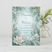 Invitation Mariage d'hiver floral blanc vert mousse de mer do (Debout devant)