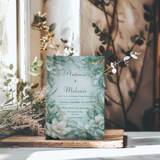 Invitation Mariage d'hiver floral blanc vert mousse de mer do