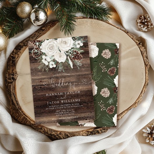 Invitation Mariage d'hiver floral de pin rustique