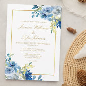 Invitation Mariage d'hiver Floral Élégant Or Bleu Soirée