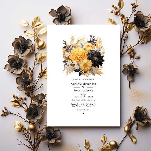 Invitation Mariage d'hiver floral noir et or