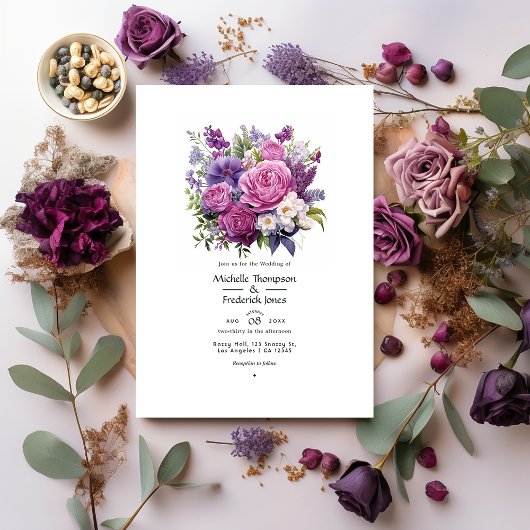 Invitation Mariage d'hiver floral pourpre Medley