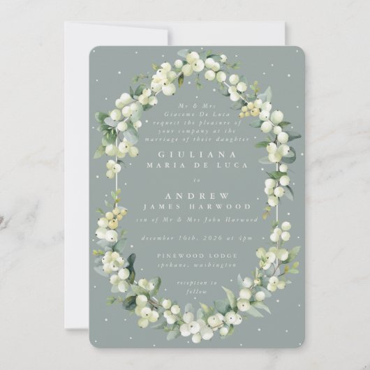 Invitation Mariage d'hiver Formal Green Snowberry+Eucalyptus (Devant)
