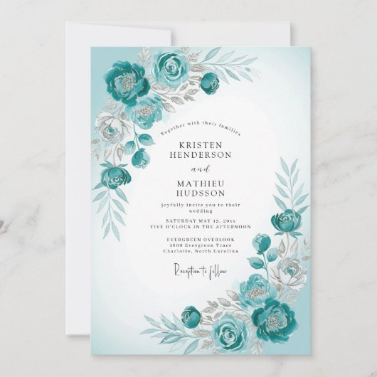 Invitation Mariage d'hiver givré sarcelle (Devant)