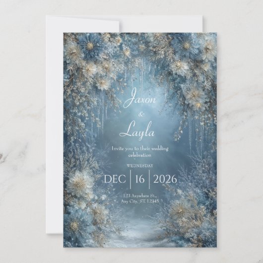 Invitation Mariage d'hiver glaçons floraux bleu givré blanc (Devant)