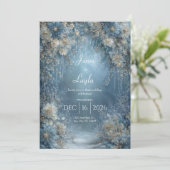 Invitation Mariage d'hiver glaçons floraux bleu givré blanc (Debout devant)