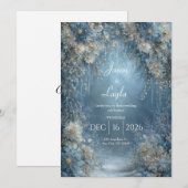Invitation Mariage d'hiver glaçons floraux bleu givré blanc (Devant / Derrière)