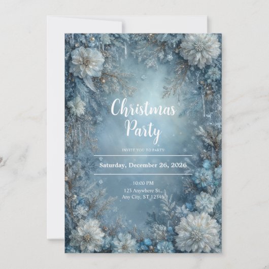 Invitation Mariage d'hiver glaçons floraux bleu givré blanc (Devant)