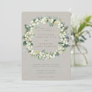 Invitation Mariage d'hiver Greige Snowberry+Eucalyptus Wreath
