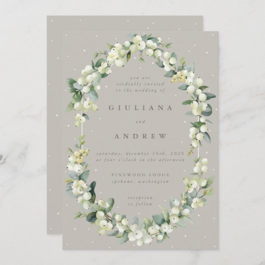 Invitation Mariage d'hiver Greige/Taupe Snowberry+Eucalyptus (Devant / Derrière)