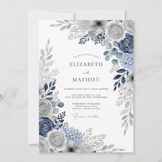 Invitation Mariage d'hiver immaculé bleu marine (Devant)