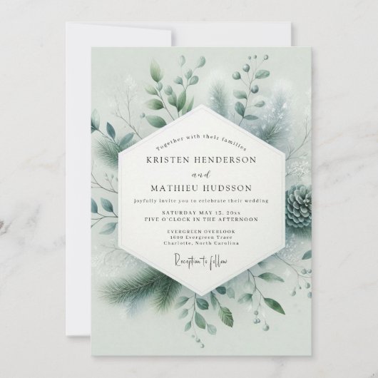 Invitation Mariage d'hiver immaculé vert sauge (Devant)
