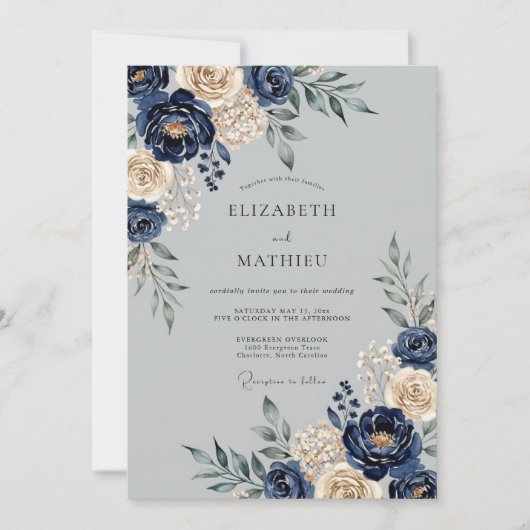 Invitation Mariage d'hiver majestueux bleu marine (Devant)