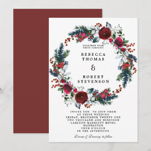 Invitation mariage d'hiver moderne couronne de fleurs bordeau