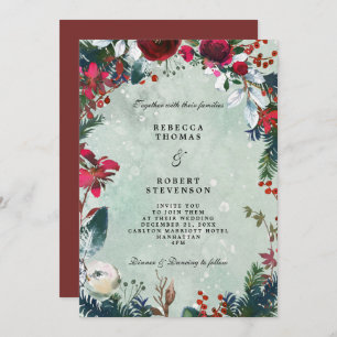 Invitation mariage d'hiver moderne neige rouge florale