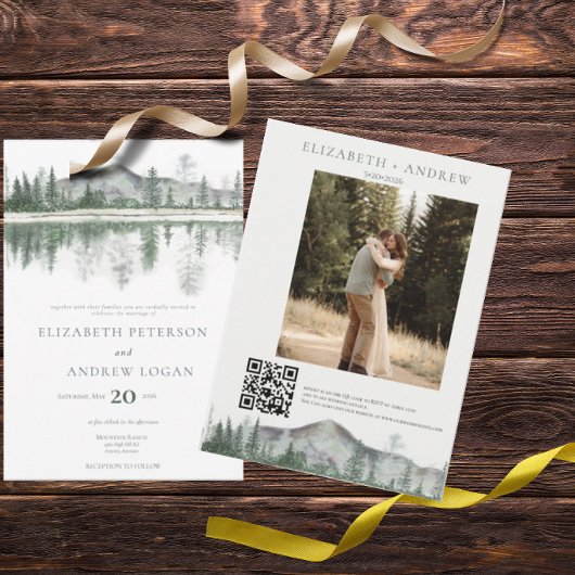Invitation Mariage d'hiver | Montagnes Rustiques | Code QR