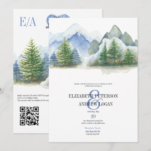 Invitation Mariage d'Hiver | Montagnes Rustiques | Code QR (Devant / Derrière)