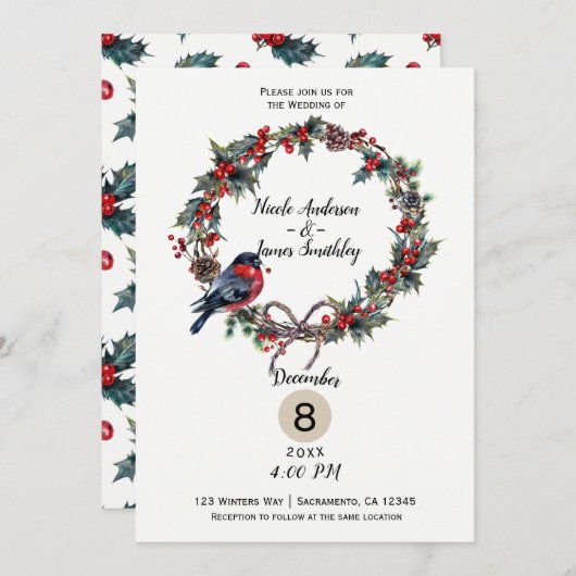 Invitation Mariage d'hiver Noël Holly Berry Bird (Devant / Derrière)