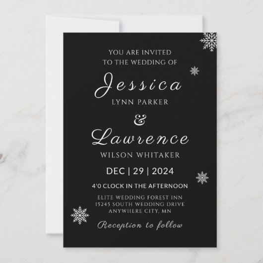 Invitation Mariage d'hiver noir et blanc moderne (Devant)