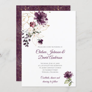 Invitation Mariage d'hiver noir violet et or fleuri