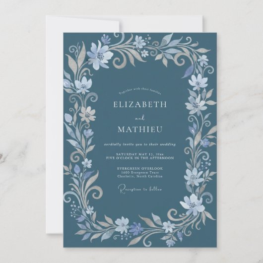 Invitation Mariage d'hiver orné de bleu acier (Devant)