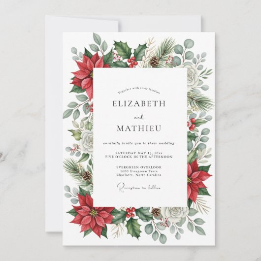 Invitation Mariage d'hiver orné de rouge (Devant)