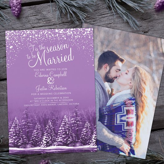 Invitation Mariage d'hiver pin lac blanc violet photo d'art