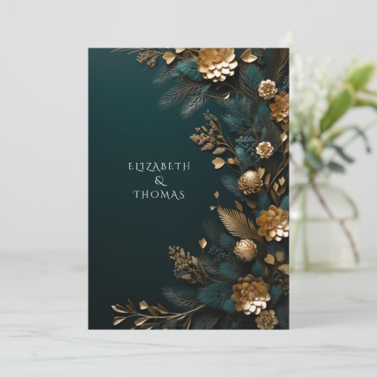 Invitation Mariage d'hiver Pine d'or cônes Pins vert aiguille (Debout devant)