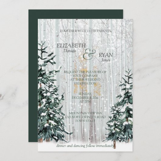 Invitation Mariage d'hiver Pine Trees White Birch Forest (Devant / Derrière)