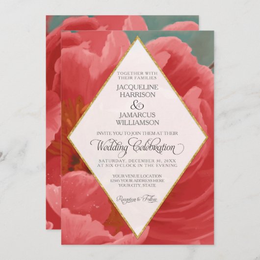 Invitation Mariage d'hiver Red Peony Gold Faux Parties scinti (Devant / Derrière)