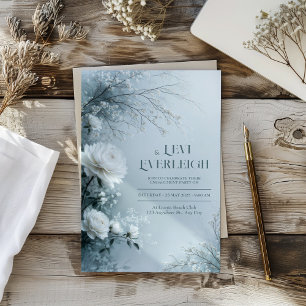 Invitation Mariage d'hiver Rose Blanche et Brume Bleue Glacée