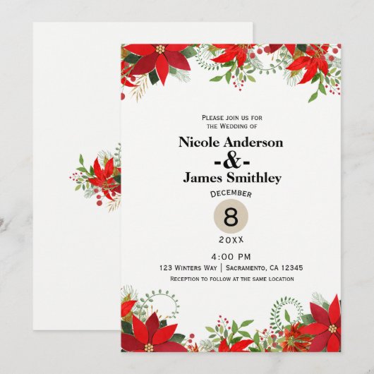 Invitation Mariage d'hiver Rouge & Blanc Poinsettia vacances (Devant / Derrière)