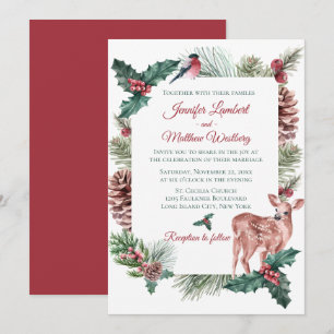 Invitation Mariage d'hiver Rouge Noël Renne Cerf Floral