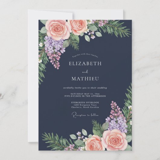 Invitation Mariage d'hiver rustique bleu marine (Devant)