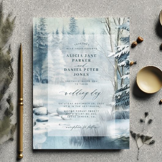 Invitation Mariage d'hiver rustique dans la forêt de pins enc