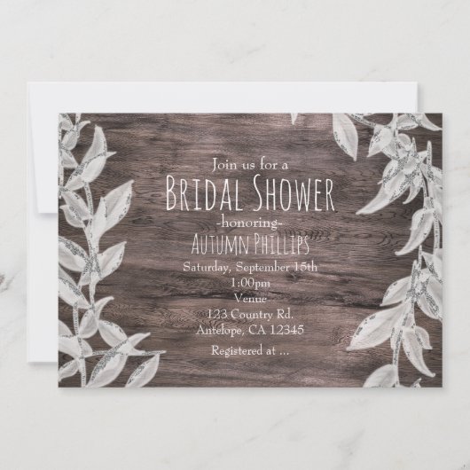 Invitation Mariage d'hiver rustique feuilles blanches et arge (Devant)